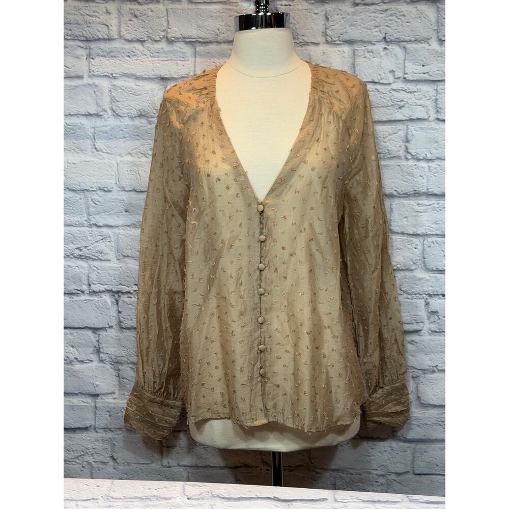 Zara Semi-sheer Swiss Dot 3D Textured Button-down Blouse Gold Tan Medium A477